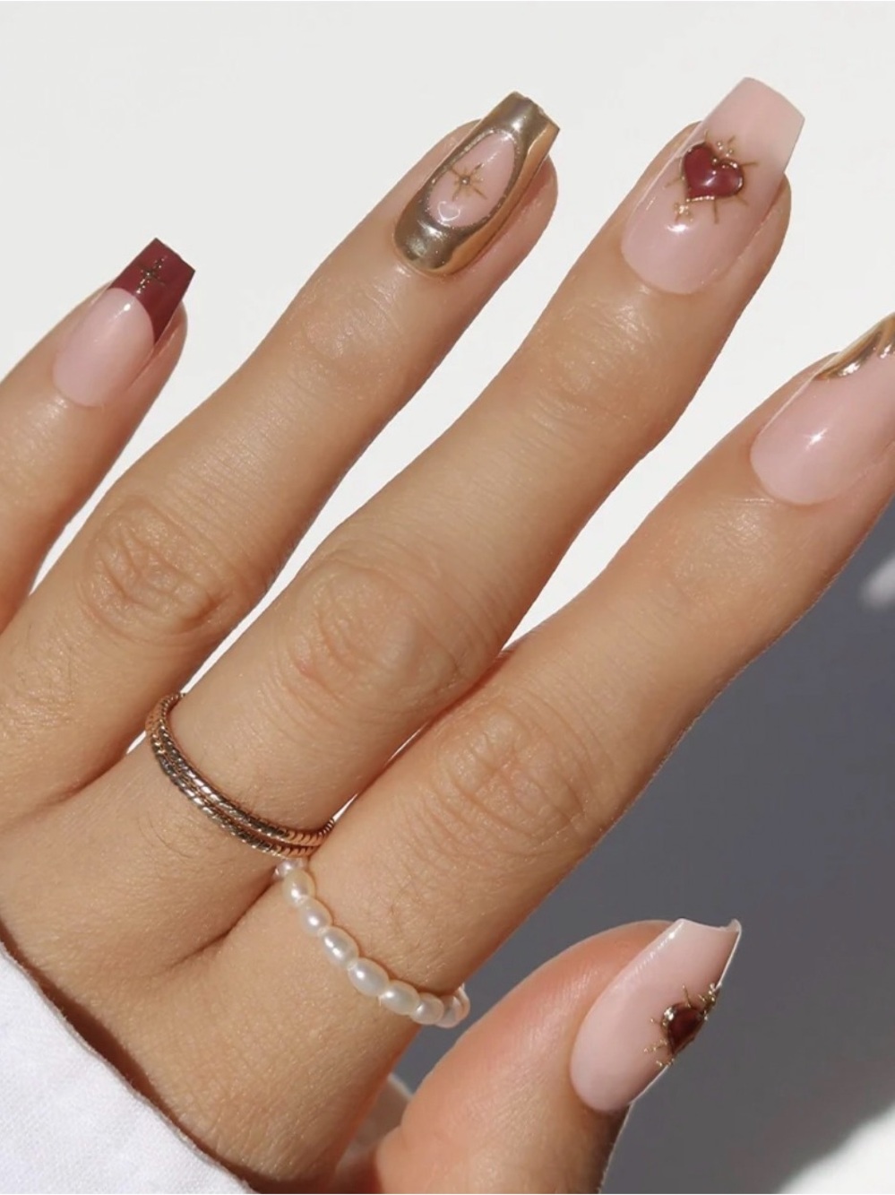 Nude Pink & Burgundy Heart - Women Glamnetic Press On Nails NIB